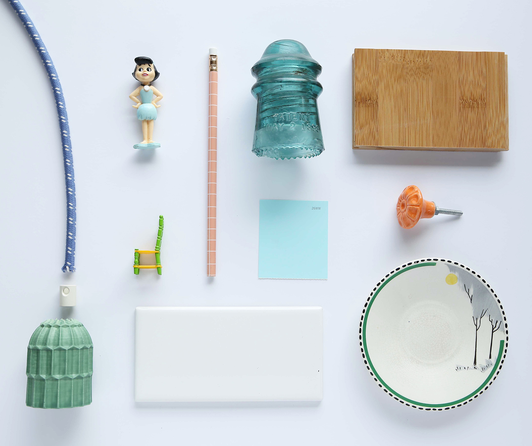Moodboard with our green ceramic with green cord plus found objects